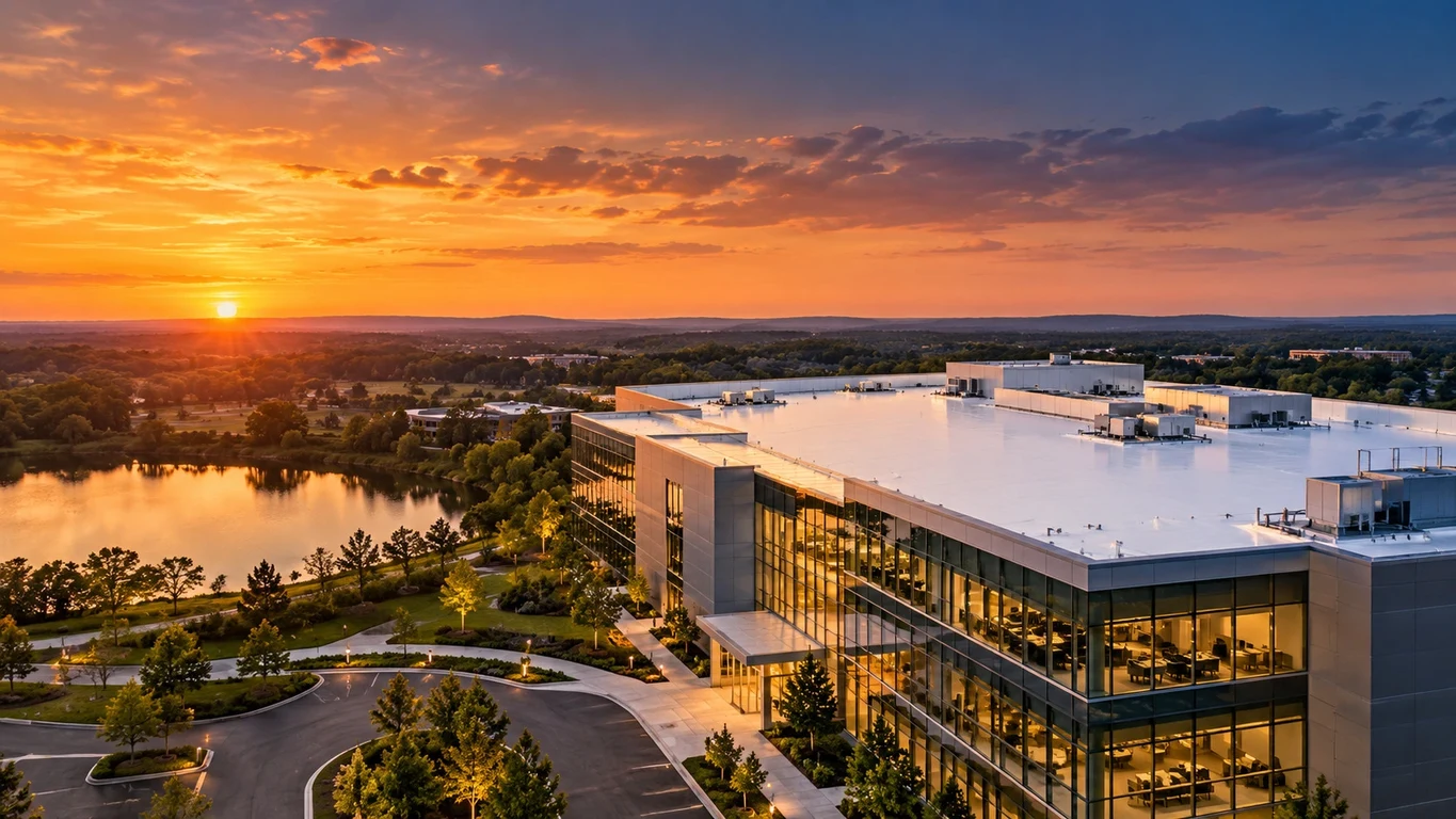 White waterproofed facility rooftop overlooking a lake and landscaped grounds at sunset