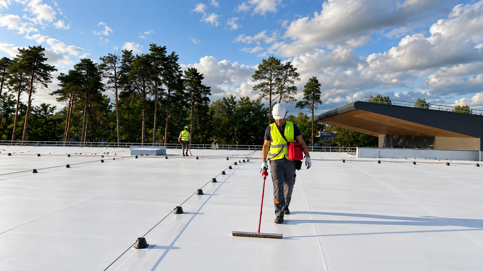 Rooftop worker in a white hard hat and high-visibility vest sweeping a white waterproofing membrane under a bright blue sky