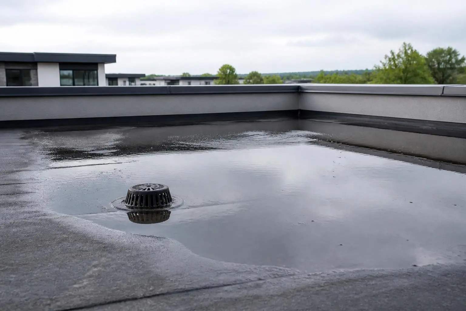 Water ponding on a flat terrace around the outlet, showing a drainage fall problem