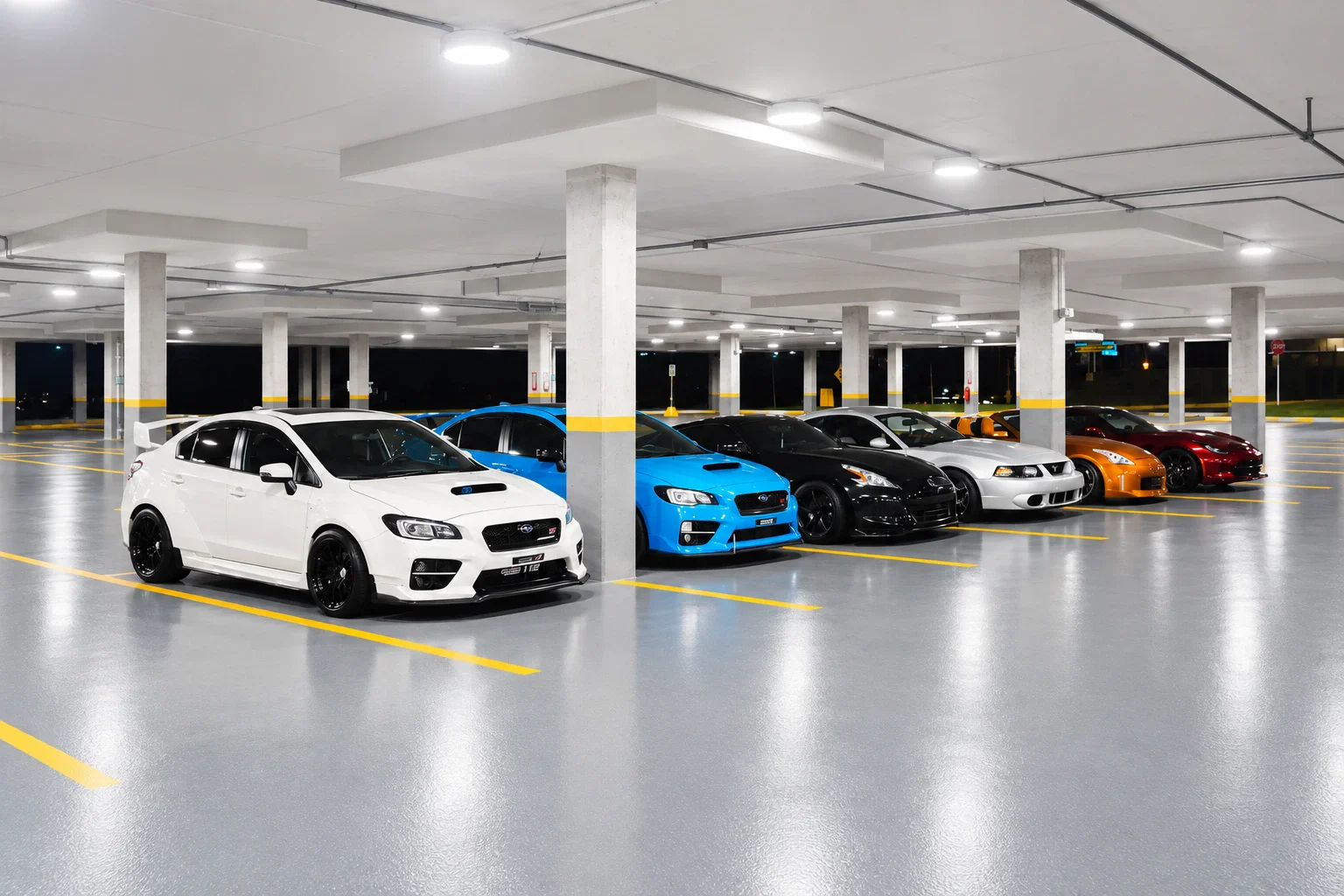 After: the same car park deck finished with a grey PU coating, marked bays and coated columns