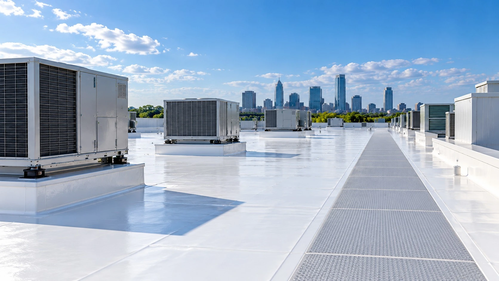 White waterproofed rooftop with HVAC equipment and a service walkway overlooking a city skyline