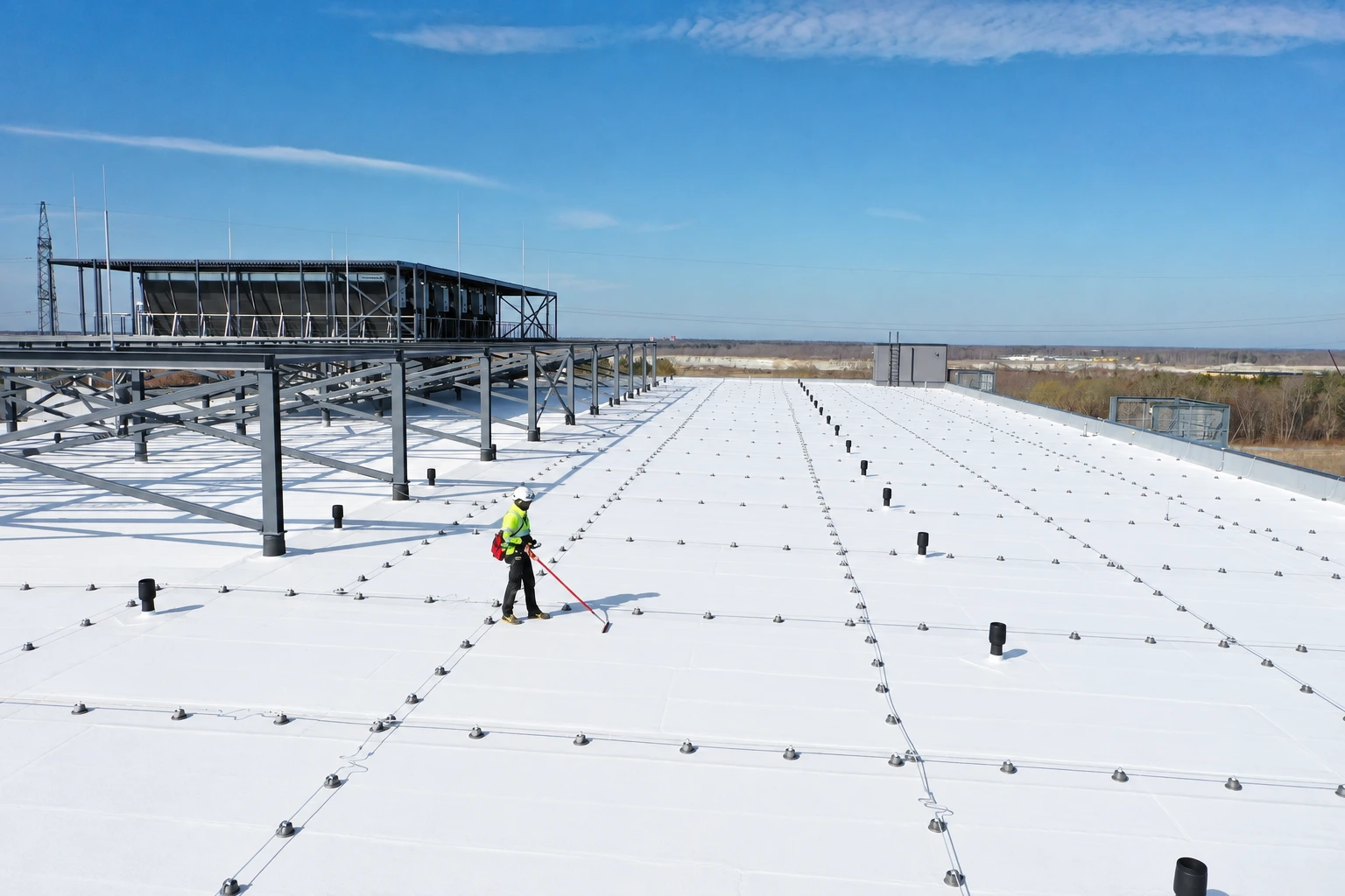 Wide view of a large industrial flat roof with an exposed waterproofing membrane being swept under a clear sky