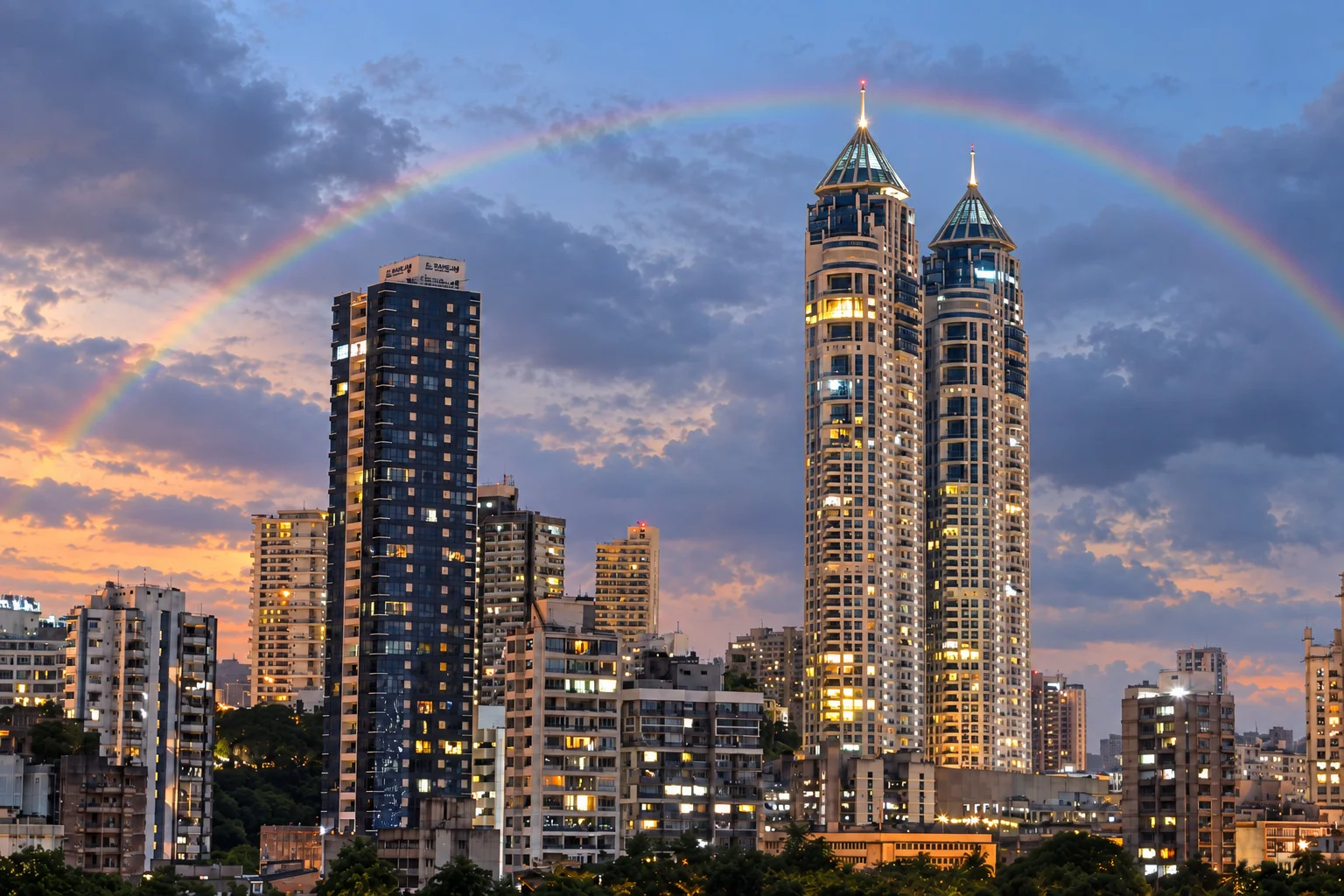 The Imperial Towers twin skyscrapers in Mumbai glowing at dusk, framed by a rainbow in monsoon clouds over the city skyline