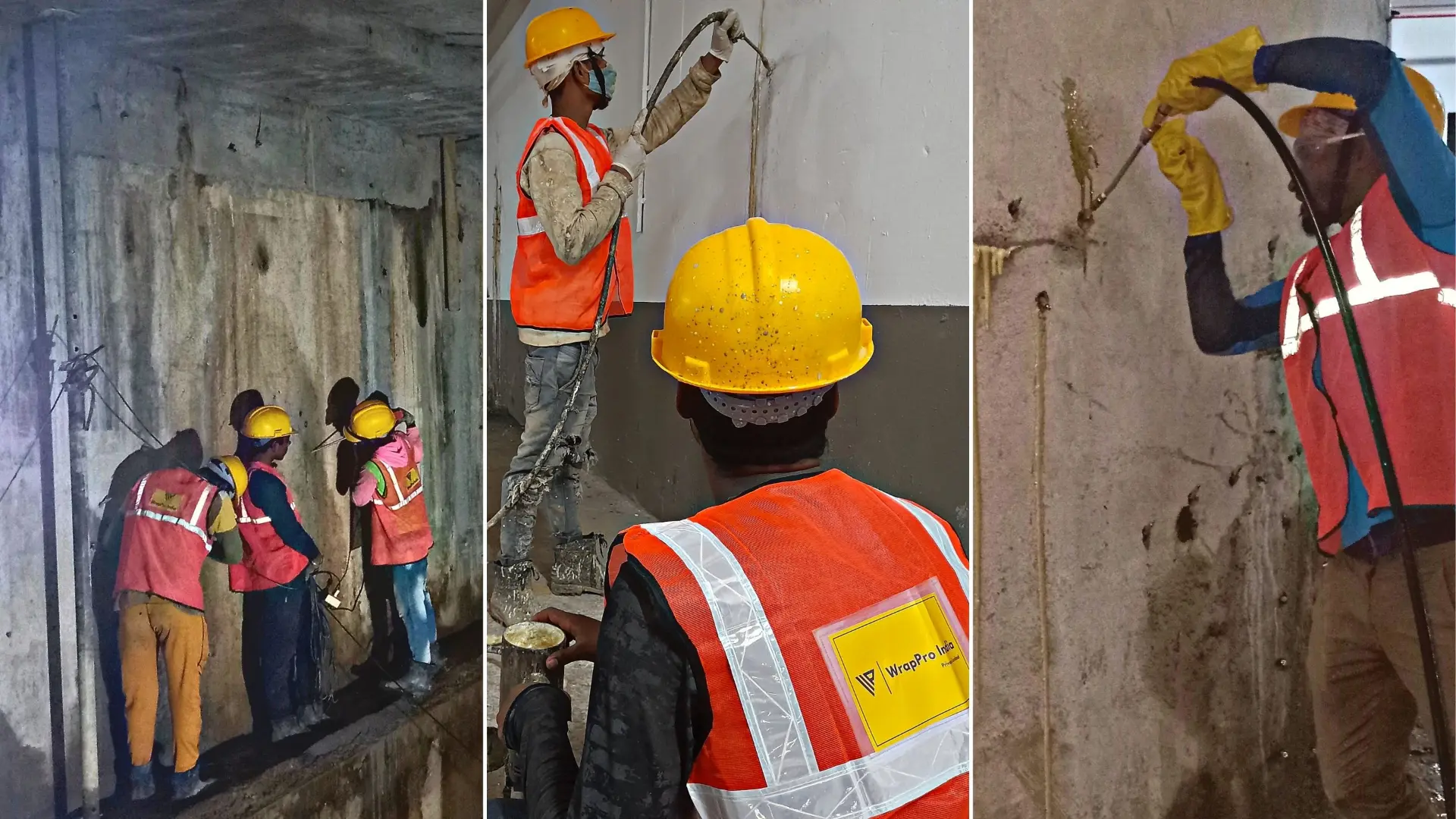 WrapPro crew tracing and treating active leakage on a basement retaining wall with PU grout injection