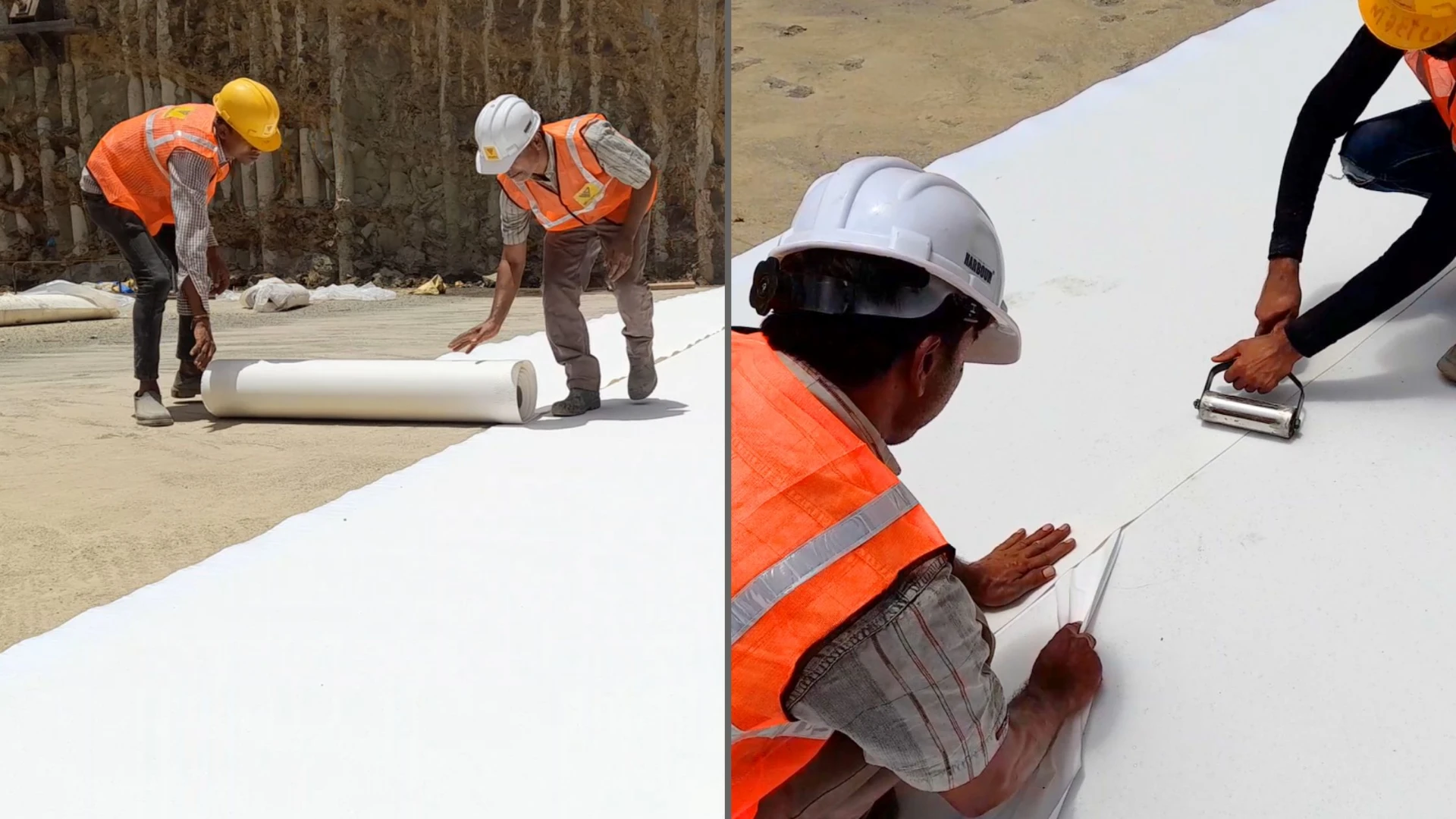 WrapPro crew laying and welding pre-applied HDPE membrane across a basement raft